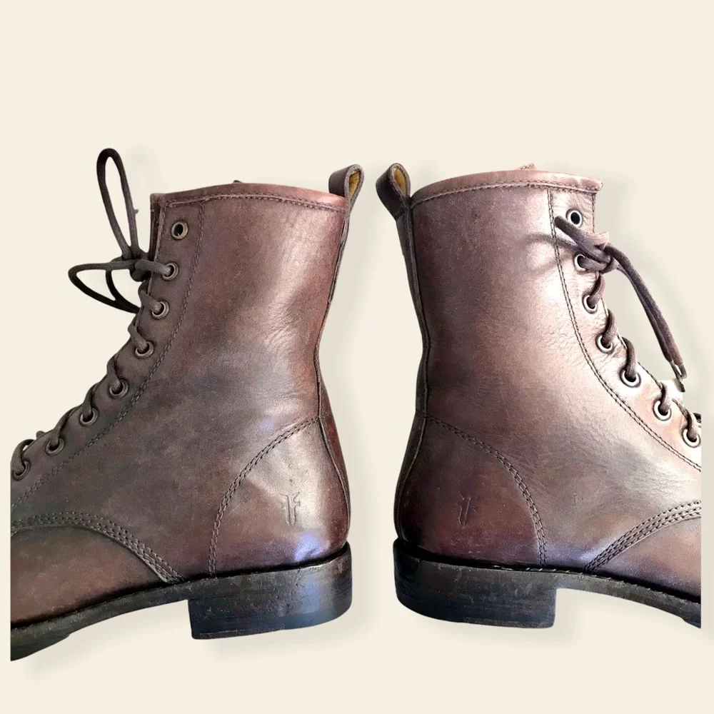 Frye Veronica Combat Brown Genuine Leather Lace Up Moto Combat Retro Ankle Boots - Picture 12 of 15